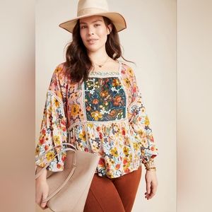 Anthropologie Maeve Nikki Mixed Floral Print Boho Loose Breezy Peasant Blouse XL
